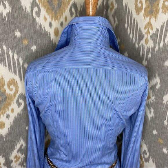 Ralph Lauren Triple Ruffle Blue Pin Stripe Cotton Stretch Jabot Blouse - Picture 9 of 16